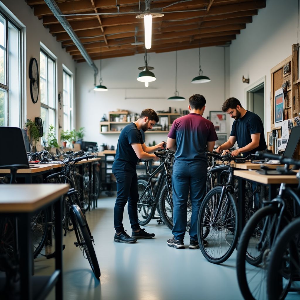 BikeWerk-Team bei der Arbeit in der modernen Werkstatt